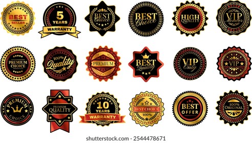 Insignias premium retro. Pegatina de alta calidad, icono de miembro VIP, insignia de Garantía dorada y etiquetas decorativas de calidad premium. Mejor opción, vendedor y oferta etiquetas Vector conjunto.