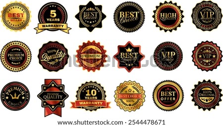 Retro premium badges. High quality sticker, VIP member icon, golden warranty badge and premium quality decorative labels. Best choice, seller and offer tags vector set.