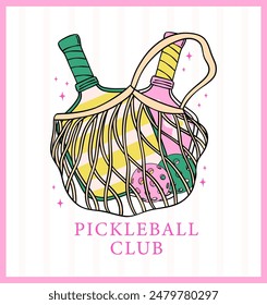 Retro preppy Pickleball paleta y bola en bolsa de moda club femenino Doodle Dibujo