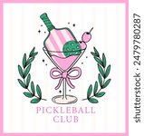 Retro preppy Pickleball Vector Trendy girly club Doodle Drawing