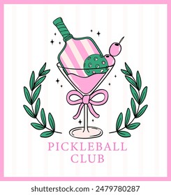 Retro preppy Pickleball Vector Trendy girly club Doodle Drawing