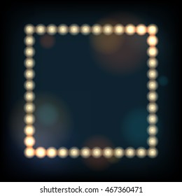 Retro presentation frame with lighting bulbs against de-focused background.