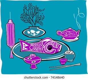 Retro Pretty Oriental Seafood Meal Setting Vector Illustration