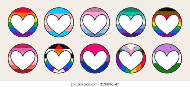 Retro Pride LGBTQ+ flags. 80s style retro rainbow striped circles with heart. Gay Pride Month. Flat design signs isolated on white background