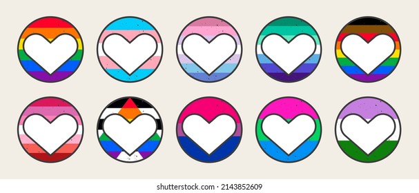 Retro Pride LGBTQ+ flags. 80s style retro rainbow striped circles with heart. Gay Pride Month. Flat design signs isolated on white background