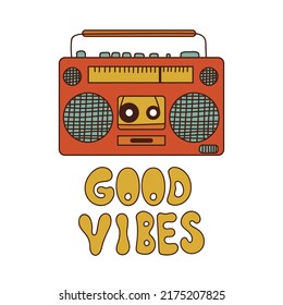Retro print 1970. Recorder with lettering GOOD VIBES. Vector illustration