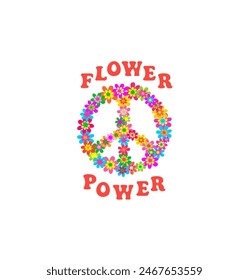 Retro print for 70s 60s groovy poster or card, t-shirt, bag design with hippie peace sign with colorful daisy and flower power lettering on white background