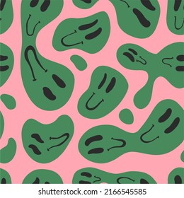 Retro print of the 70s melting emoji. Seamless pattern, hippie style, psychedelic. Fashion poster. Flat design, cartoon hand drawn, vector.