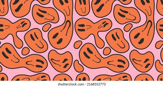 Retro print of the 70s melting emoji. Seamless pattern, hippie style, psychedelic. Fashion poster. Flat design, cartoon hand drawn, vector.