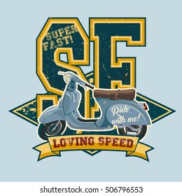 Retro print design with vintage scooter illustration, sample text, banner and grunge texture
