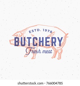 Retro Print Effect Butchery. Abstract Vector Sign, Symbol or Logo Template. Hand Drawn Pig Sillhouette with Typography. Vintage Emblem or Stamp. Isolated.