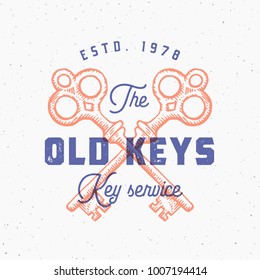 Retro Print Effect Old Keys Sign. Abstract Vector Sign, Symbol or Logo Template. Hand Drawn Crossed Keys Sillhouettes with Classy Retro Typography. Vintage Vector Emblem with Shabby Textures. Isolated