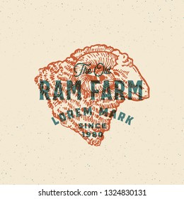 Retro Print Effect Ram Farm Abstract Vector Sign, Symbol or Logo Template. Hand Drawn Ram Head Sillhouette with Typography and Shabby Texture. Vintage Emblem or Stamp. Isolated.