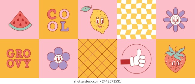 Retro print with hippie groovy characters, elements, backgrounds. Square shape simple y2k poster, card with watermelon, flower, strawberry.