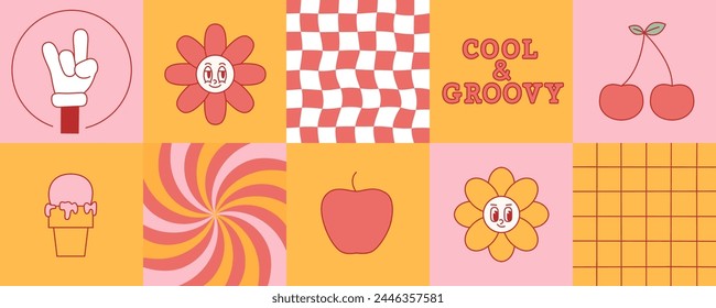 Retro print with hippie groovy characters, elements, backgrounds. Square shape simple y2k poster, card with flower, cherry, apple, icecream.
