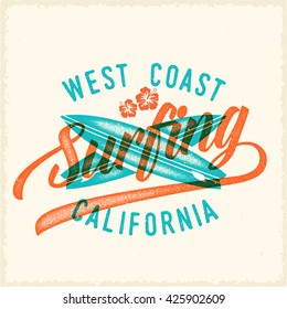 Retro Print Style Surfing Vector Label or Logo Template. Two Crossed Surfboards and Vintage Typography. Weathered Look T Shirt Print with Shabby Textures. Also Good For Apparel, Posters, etc.