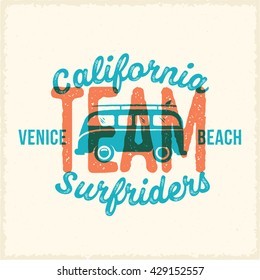 Retro Print Style Surfing Vector Label or Logo Template. Surf Van with Surfboard and Vintage Typography. Weathered Look T Shirt Print with Shabby Textures. Also Good For Apparel, Posters, etc.