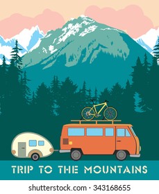 Retro print trips to the mountains. The trailer with the trailer and bike on the background of a mountain landscape. 