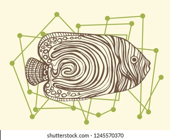 Retro print tropical fish. Vector monochrome illustration