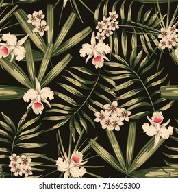 Retro print tropical flower and leaves seamless pattern black background