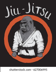 Retro prints design for t-shirts or ancient poster.Gorilla is jiu-jitsu fighter.Vector illustration