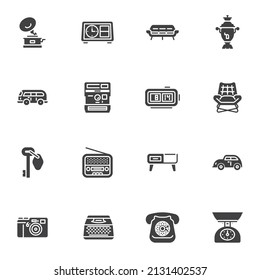 Retro Products vector icons set, modern solid symbol collection, Vintage Items filled style pictogram pack. Signs, logo illustration. Set includes icons as old camera, car, radio, telephone, furniture