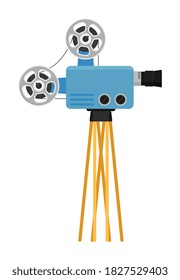 Retro professional cinema film camera on tripod vector illustration isolated on white background