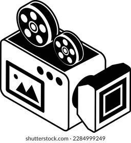 Retro Professional film making Camera with Display and Reel isometric Concept Vector Icon Design, Filmmaking Symbol, video production equipment Sign, streaming media and film maker Stock illustration