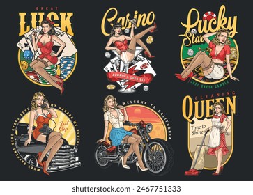 Retro promo colorful set stickers with attractive girls inviting you to casino and trip to California resorts vector illustration