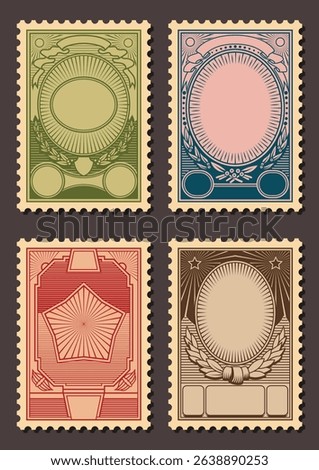 Retro Propaganda Postage Stamps. Decorative Linocut Backgrounds, Vector Templates for Propaganda Posters, Covers, Illustrations