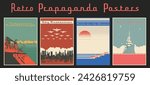 Retro Propaganda Posters. Plant and Factory, Industrial Panorama, Planes, Harvesters, Battleship