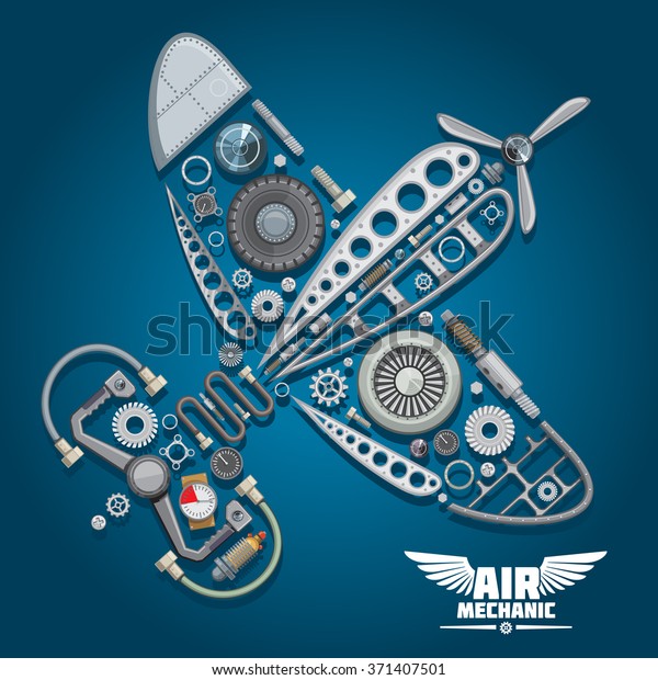 Retro\
propeller airplane, composed of wings body, reduction gear,\
propeller, pilot control wheel, pressure hoses, distributor valve,\
landing gear, colorful gauges, bolts and\
screws