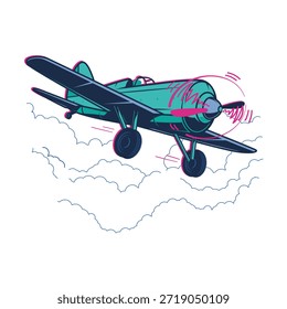 Avión de hélice retro que se eleva a través de nubes esponjosas. Ilustraciones de aviación de Antiguas con líneas de vuelo dinámicas. Ilustración de aviones clásicos en estilo de cómic para diseños de viajes y aventuras.