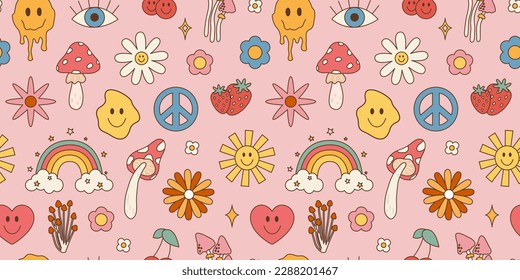 Retro psychedelic 60s 70s vector seamless patterns, groovy hippie style background. Cartoon print with flowers, rainbow and mushrooms, set in hippie style