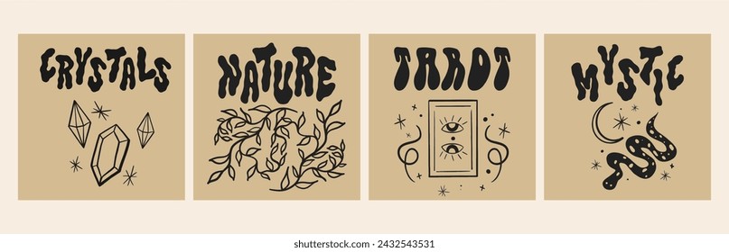 Retro psychedelic 70s 60s poster set, snake pattern phrase, tarot card, crystals.Vintage vector illustration, printable poster. Boho hippie style, hand drawn cartoon.