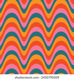 Retro Psychedelic 70s groovy waves seamless pattern in orange, yellow, pink and teal. For website background, home décor, wallpaper and textile 