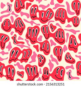 Retro psychedelic 70s melted funny faces seamless pattern. Trippy emoji vector surface background for textile, covers and other.