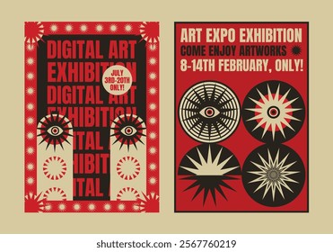 Retro psychedelic art exhibition poster with bold text and geometric designs. Features digital art and eye-catching patterns in red and black. Psychedelic retro poster template vectors.