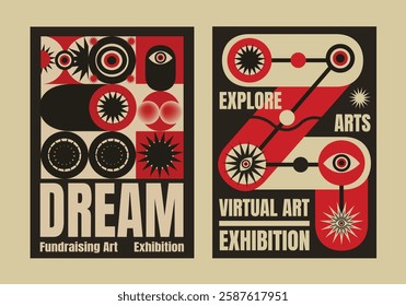 Retro psychedelic art exhibition poster with bold red and black design. Features abstract patterns and text. Eye-catching and vibrant. Psychedelic retro poster template vectors.