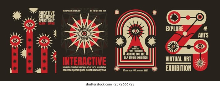 Retro psychedelic art exhibition posters with bold red and black designs. Eye motifs and geometric shapes. Creative, interactive, and virtual art themes. Psychedelic retro poster template vectors.