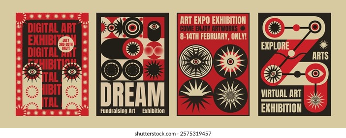 Retro psychedelic art exhibition posters with bold red, black, and beige designs. Eye-catching graphics promote digital art, virtual art. Psychedelic retro poster template vectors.