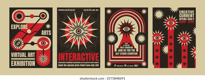 Retro psychedelic art exhibition posters with bold red, black, and beige designs. Eye motifs and geometric patterns highlight the interactive. Psychedelic retro poster template vectors.