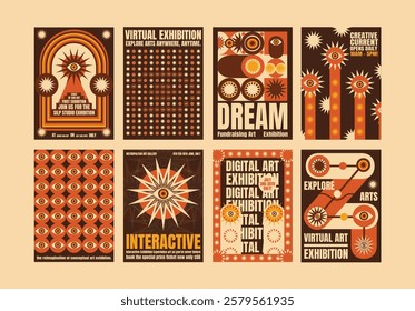 Retro psychedelic art exhibition posters with bold, geometric designs. Vintage and vibrant colors. Art, exhibition, and creativity themes posters. Psychedelic retro poster template vectors.