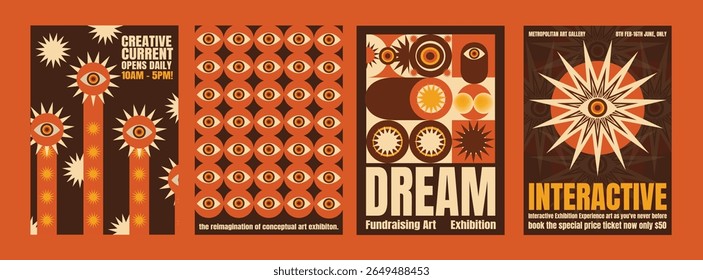 Retro psychedelic art exhibition posters with bold geometric designs. Eye motifs and abstract patterns. Vibrant colors enhance the retro theme. Psychedelic retro poster template vectors.