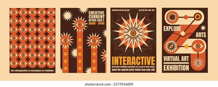 Retro psychedelic art posters with abstract eye designs. Creative, and interactive themes. Bold, geometric patterns in warm tones. Eye-catching and artistic. Psychedelic retro poster template vectors.