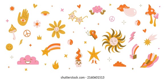 Retro psychedelic art stickers with flowers, mushrooms, hearts, smile face and stars. Vector doodle set of funny and weird icons with hippie sign, yin yang, butterfly and sun