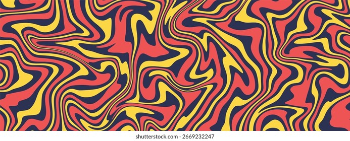 A retro psychedelic background with a swirling liquid marble pattern in red, yellow, and dark blue.