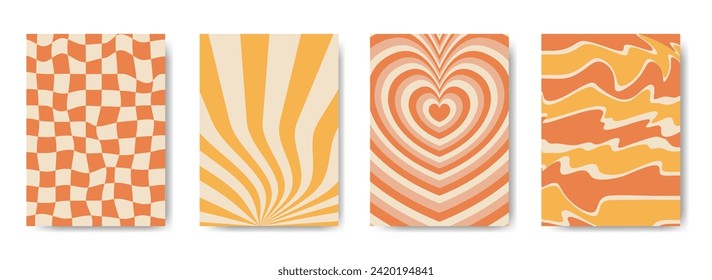 Retro psychedelic backgrounds 70s style set. Heart, Trippy Grid, rays trendy textures.