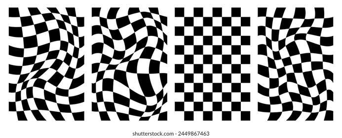 Retro psychedelic black white checkerboard vector backgrounds set. Groovy wavy y2k checkered prints