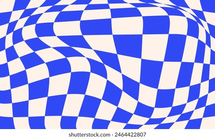 Retro psychedelic blue checkerboard vector background. Groovy wavy y2k checkered pattern
